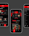 Drei Smartphone-Screens zeigen die Bayer 04 Leverkusen App