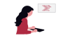 Illustration einer Frau, die vor einem Bildschirm mit Code sitzt