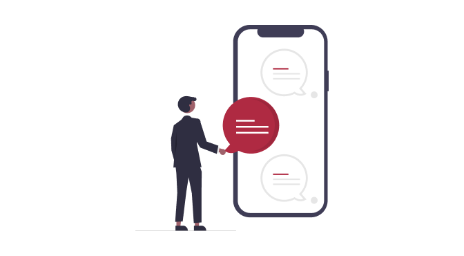 Illustration of a person standing in front of a large smartphone