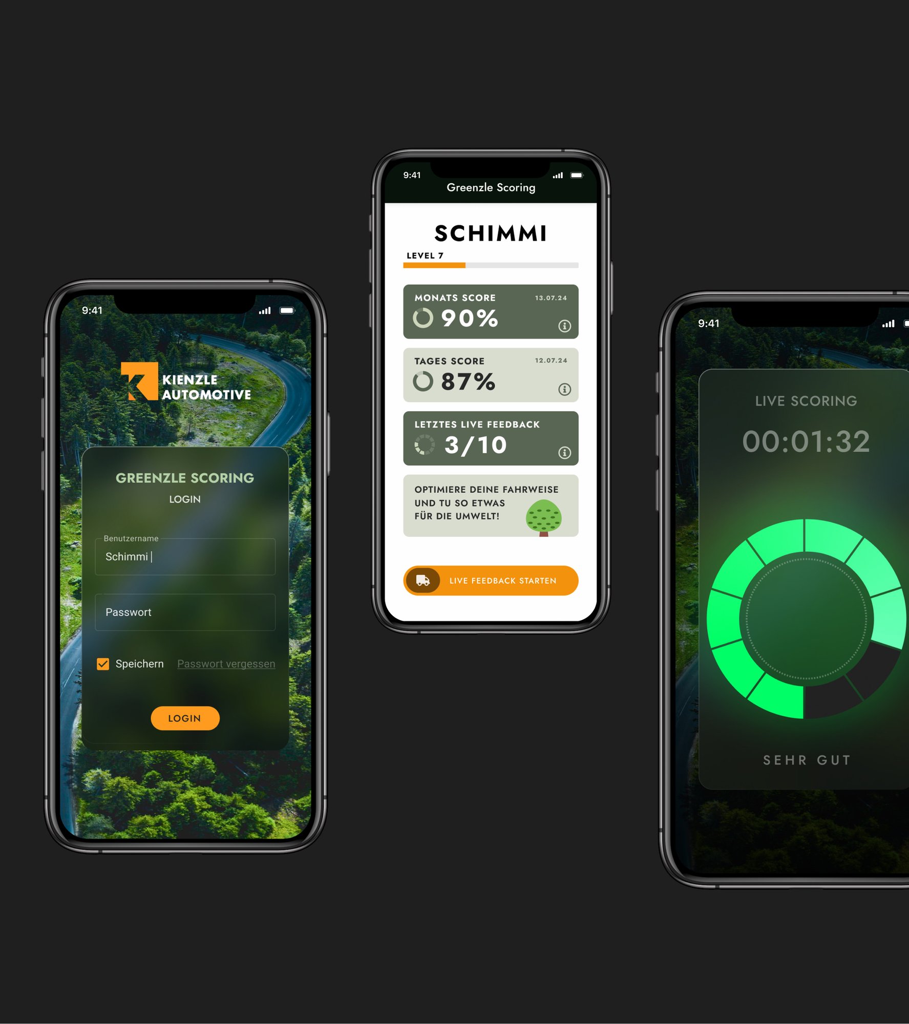 Auf der Grafik sieht man drei Smartphonebildschirme, auf denen die Driver Scoring App von prodot gezeigt wird.