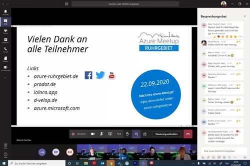 Azure Ruhrgebiet Meetup. Ein Screenshot der Schlussfolie vom Online Azure Ruhrgebiet Meetup mit dem Datum des nächsten Azure Ruhrgebiet Meetups am 22.09.2020 und Links.