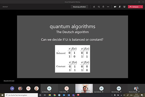 Das Azure Ruhrgebiet Meetup mit der Präsentation über Quantum Computing. Ein Bild von dem Deutsch Algorithmus.