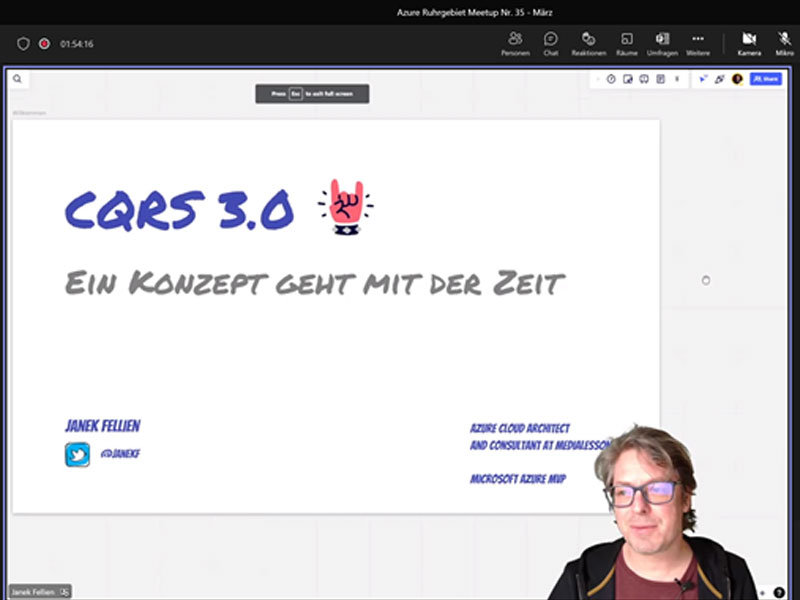 CQRS 3.0 Speaker der Session über CQRS 3.0 Hosting in der Azure Cloud