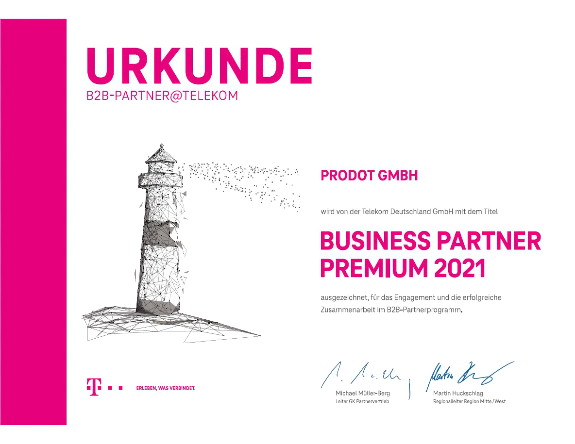 prodot ist Telekom B2B Partner Premium 2021 prodot Telekom B2B Partner